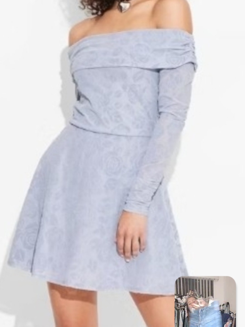Off-Shoulder Light Grey Lace Floral Fit & Flare Dress